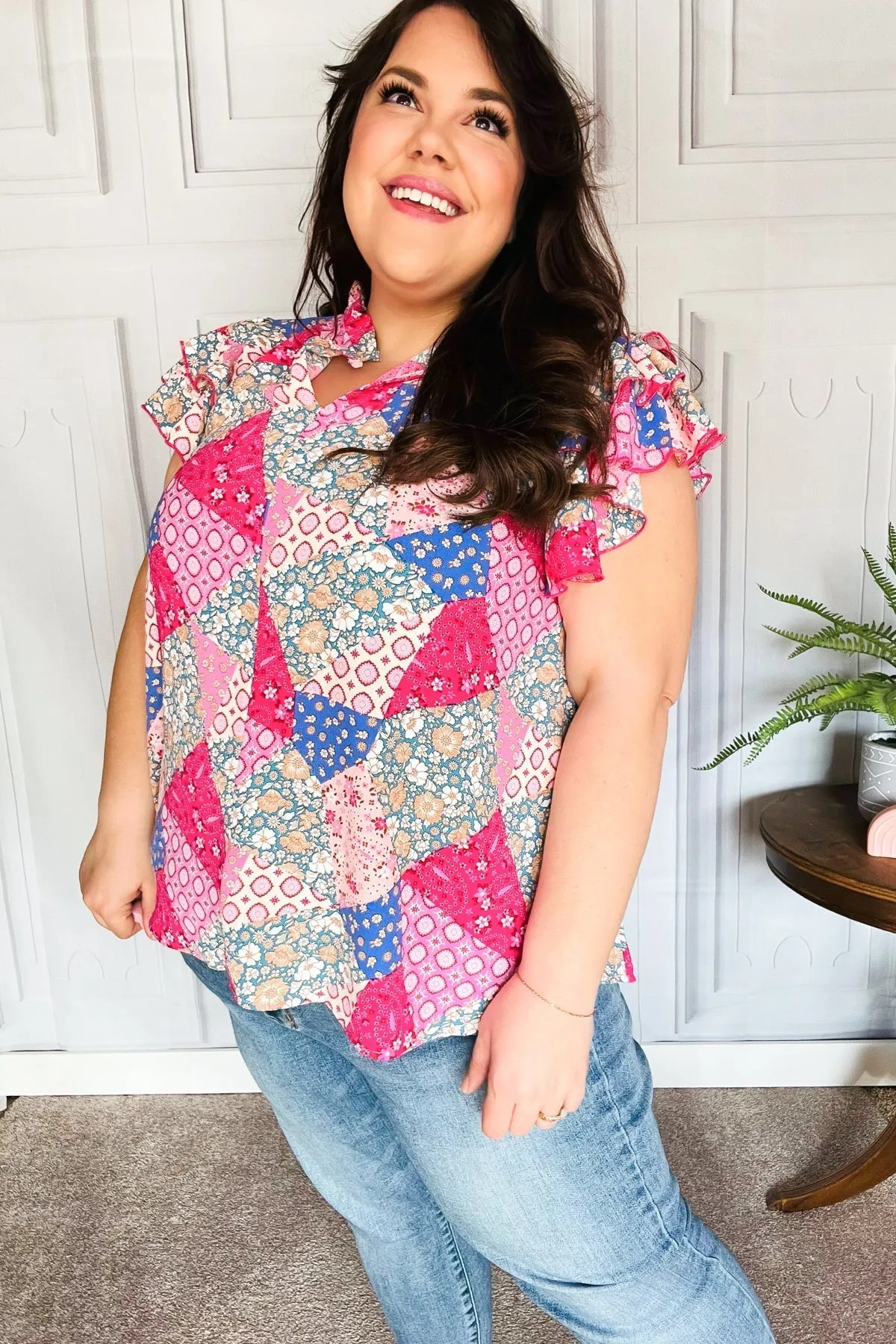 Feeling Bold Fuchsia Patchwork Mock Neck Flutter Sleeve Top (Shipping in 1-2 Weeks)