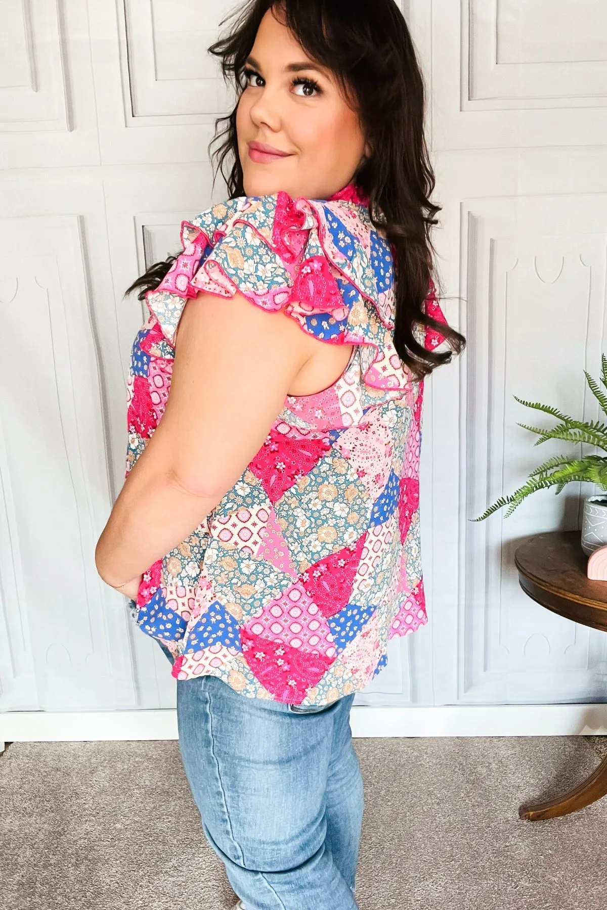 Feeling Bold Fuchsia Patchwork Mock Neck Flutter Sleeve Top (Shipping in 1-2 Weeks)