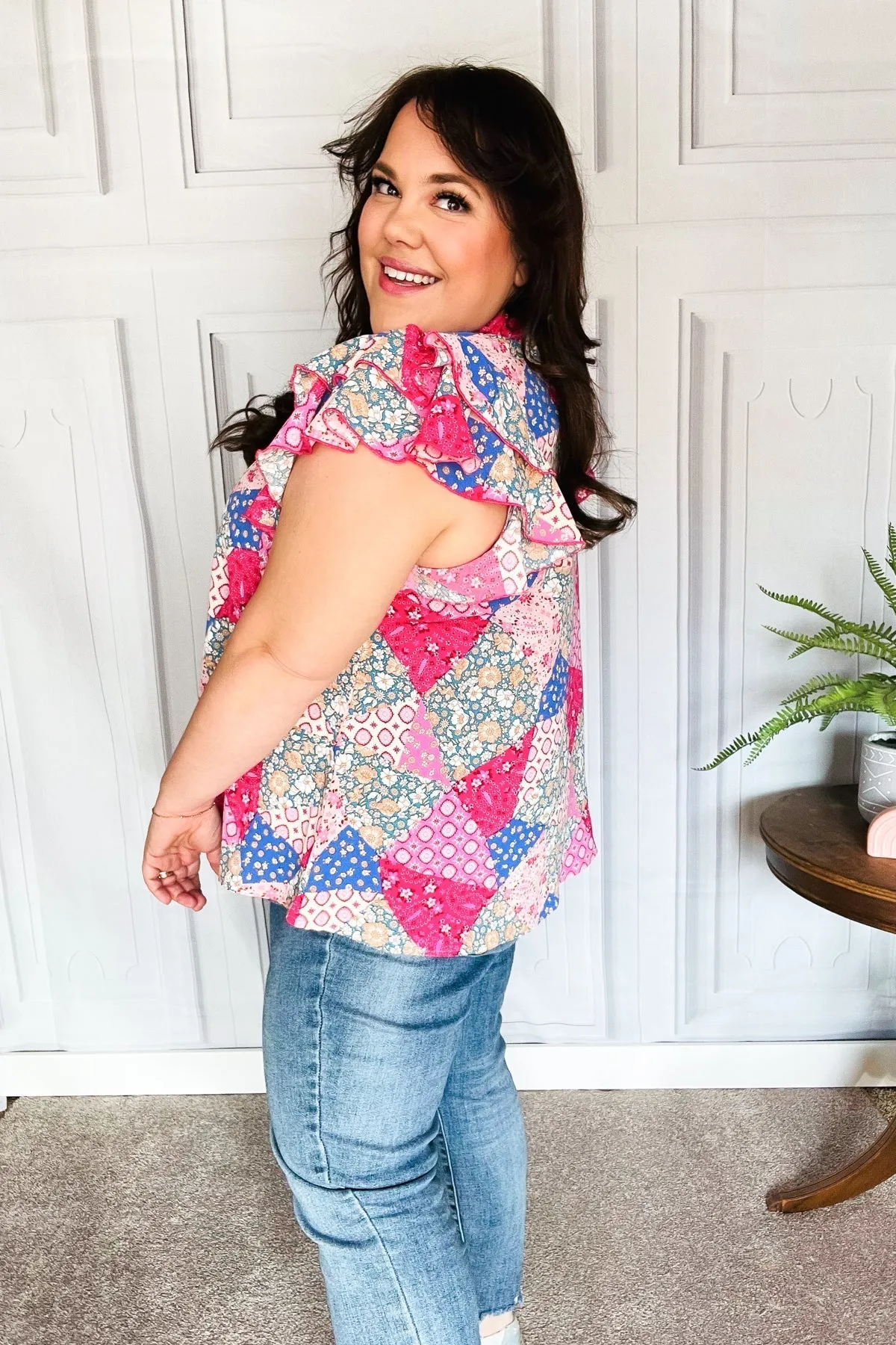 Feeling Bold Fuchsia Patchwork Mock Neck Flutter Sleeve Top (Shipping in 1-2 Weeks)