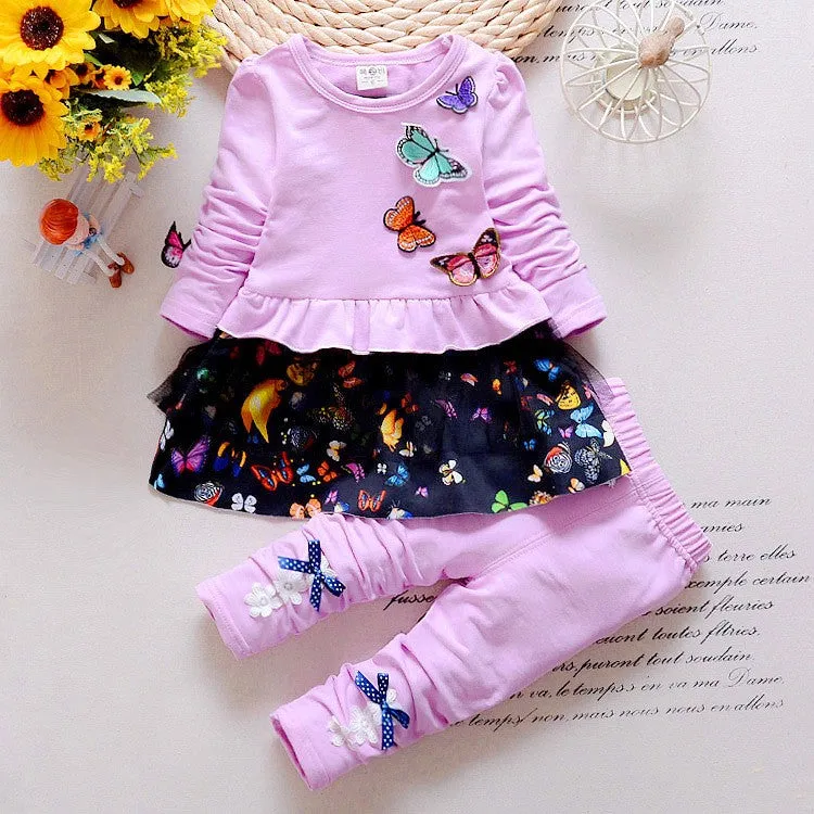 Girls Butterfly Tulle Ruffled Top And Pants 2 Pcs Set