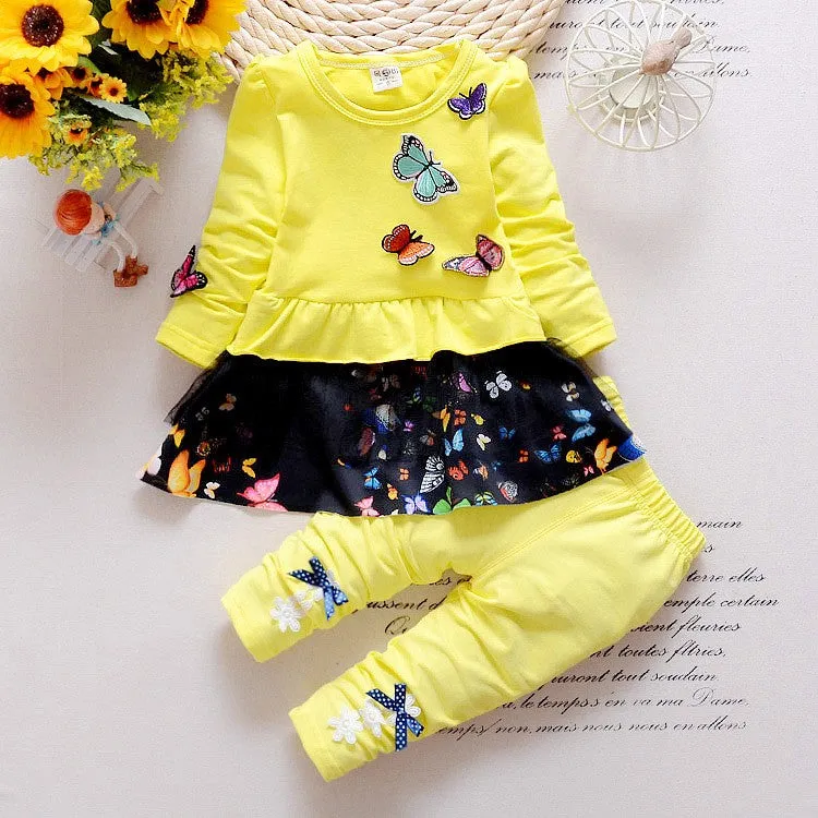 Girls Butterfly Tulle Ruffled Top And Pants 2 Pcs Set