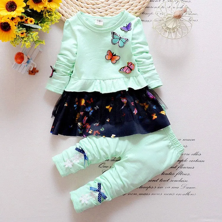 Girls Butterfly Tulle Ruffled Top And Pants 2 Pcs Set