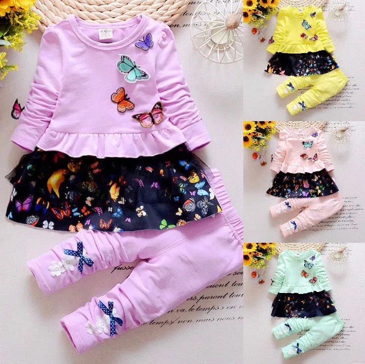 Girls Butterfly Tulle Ruffled Top And Pants 2 Pcs Set