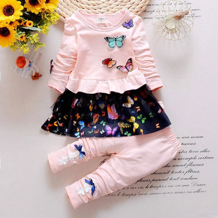 Girls Butterfly Tulle Ruffled Top And Pants 2 Pcs Set