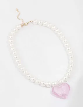 Gold & Pink Pearl Puffy Heart Necklace