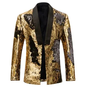 Golden Buttonless Reversible Sequins Satin Collar Blazer