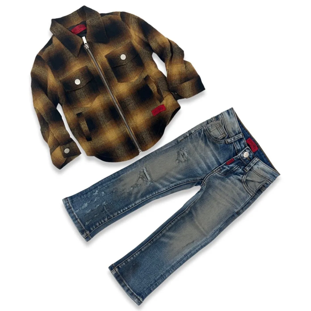 Haus Of Jr Kids Gold Flannel Zip Up & Jeans Set