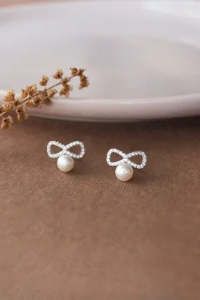 Infinity Bow With Pearl Sterling Silver Stud Earrings