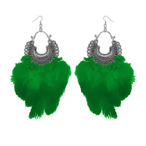 Jeweljunk Green Feather Rhodium Plated Afghani Earrings