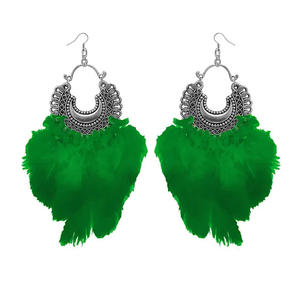 Jeweljunk Green Feather Rhodium Plated Afghani Earrings