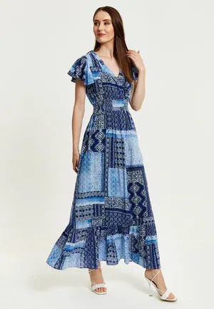 Liquorish Blue Tile Print Maxi Dress With Short Sleeves