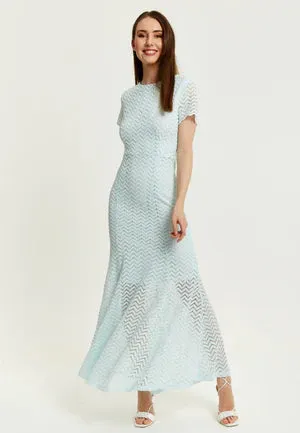 Liquorish Light Blue Lace Maxi Dress With Open Back Detail