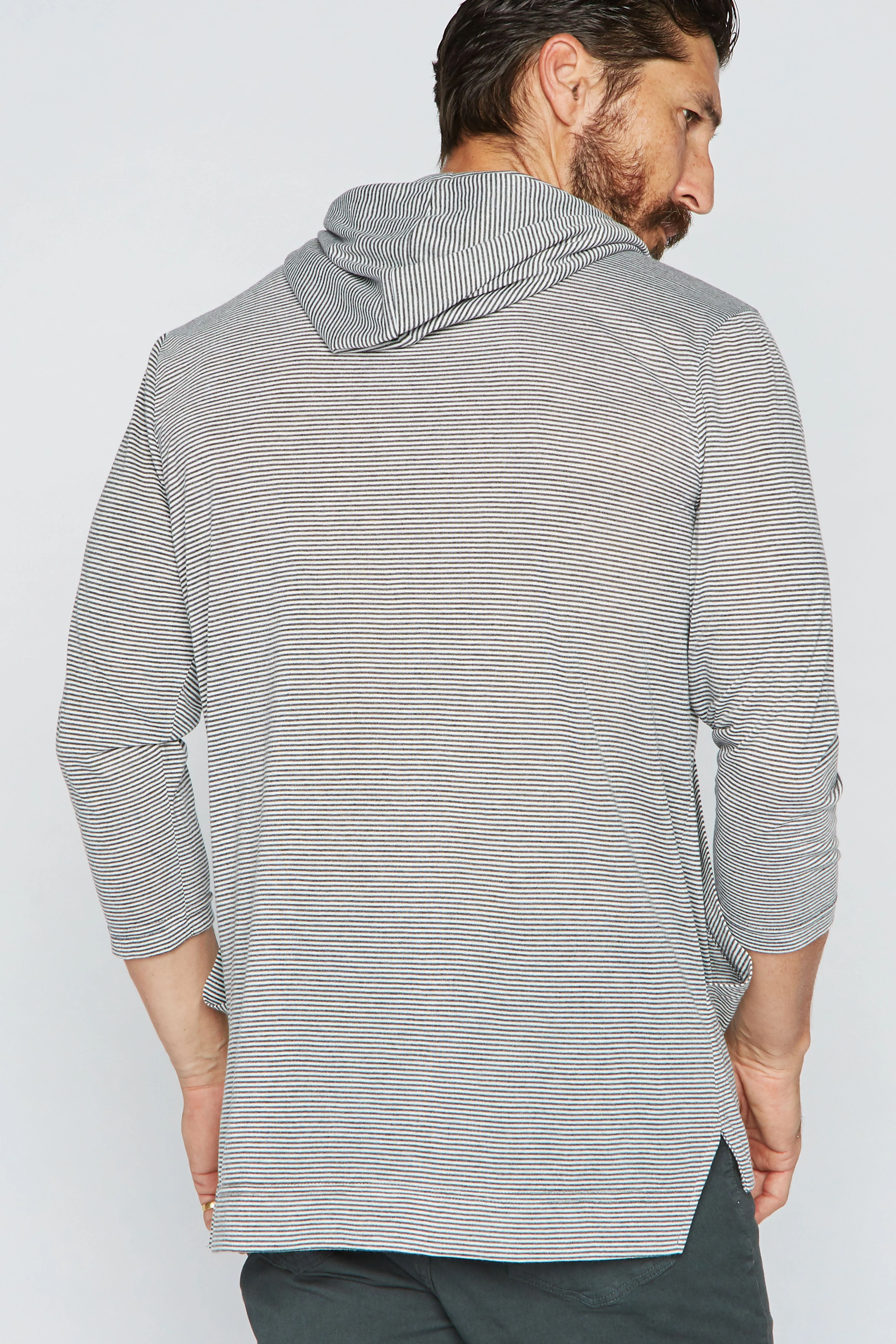 Men's 3/4 Sleeve Cowl Neck Visor Hoodie - Grey & White Stripe