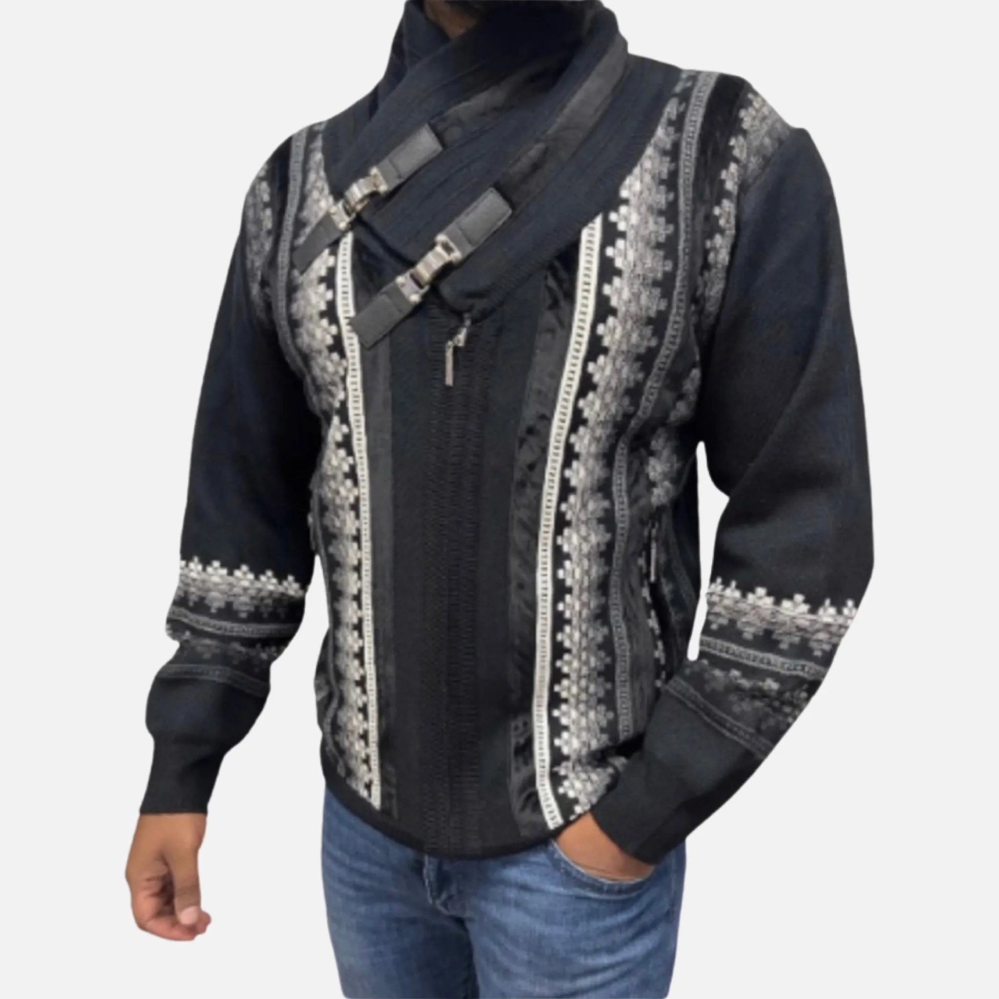 Mens black Double Buckle Strap Sweater