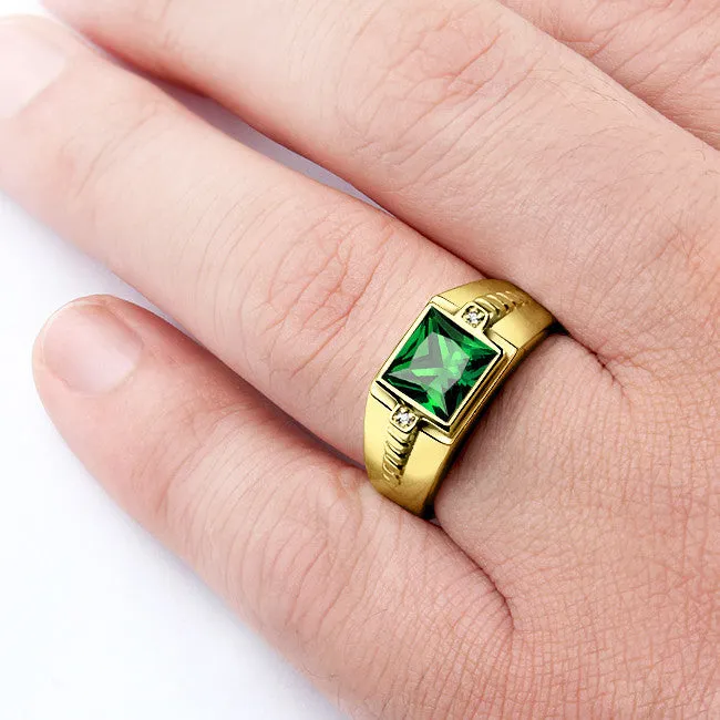 Men's Ring 10K Gold with Green Emerald and Natural Diamonds