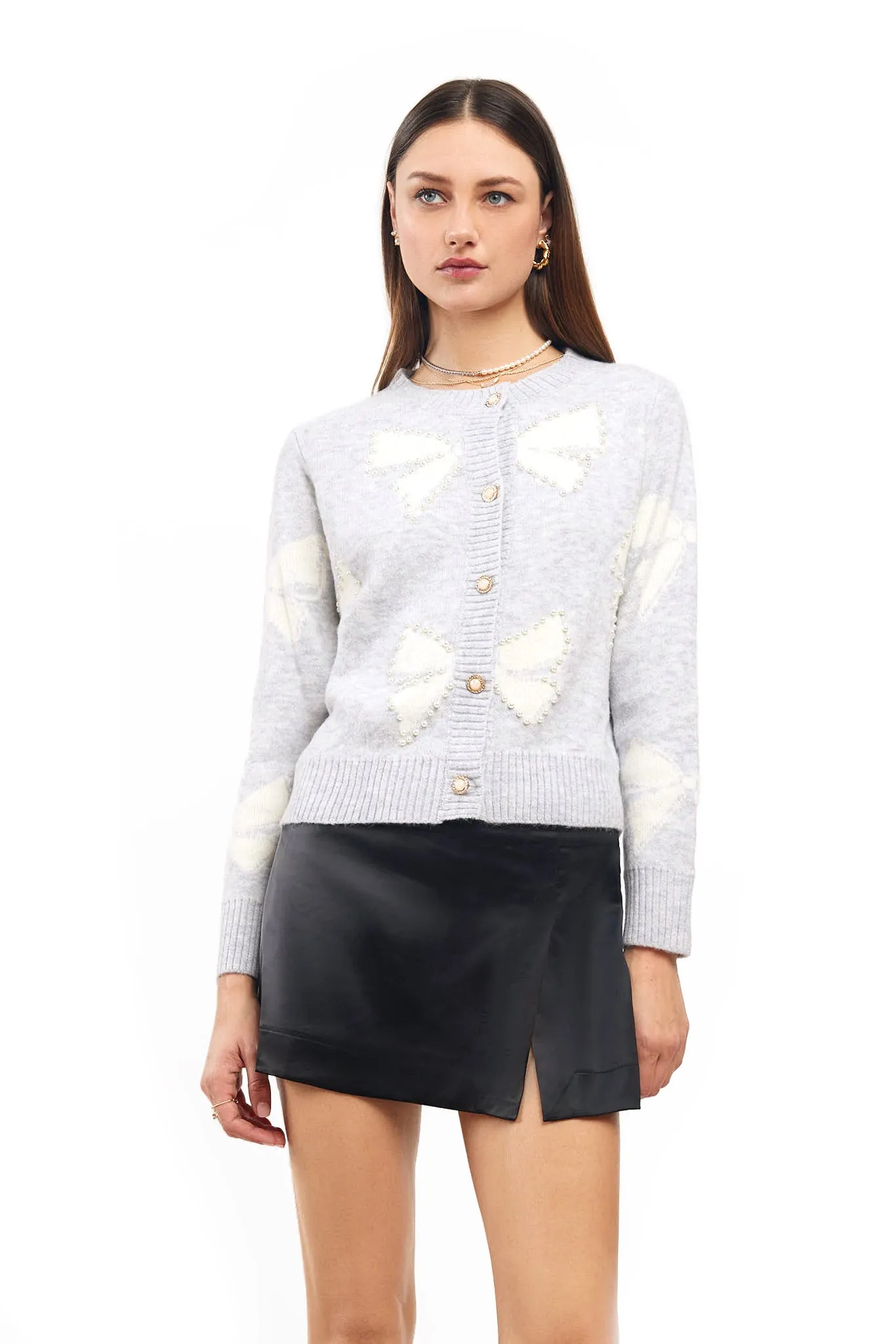 MILLA Intarsia Pearl Bow Cardigan