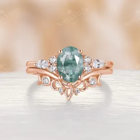 Moss Agate Celtic Oval Cluster Engagement Ring Set Rose Gold