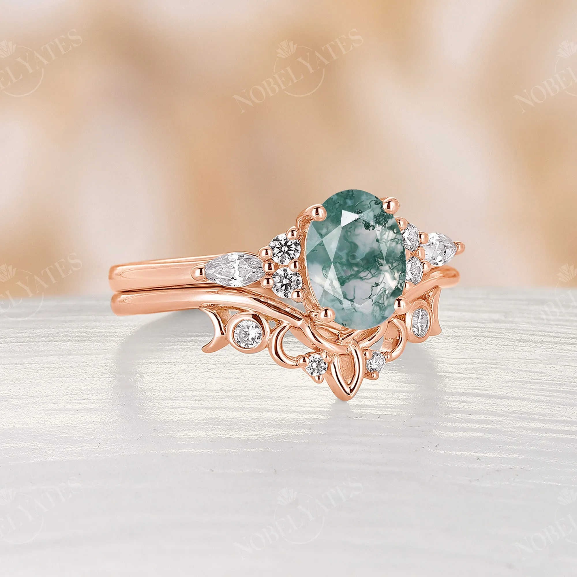 Moss Agate Celtic Oval Cluster Engagement Ring Set Rose Gold