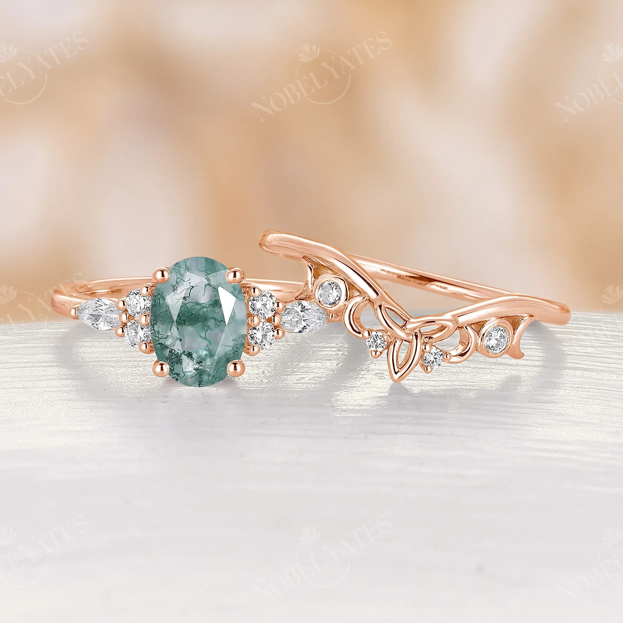 Moss Agate Celtic Oval Cluster Engagement Ring Set Rose Gold