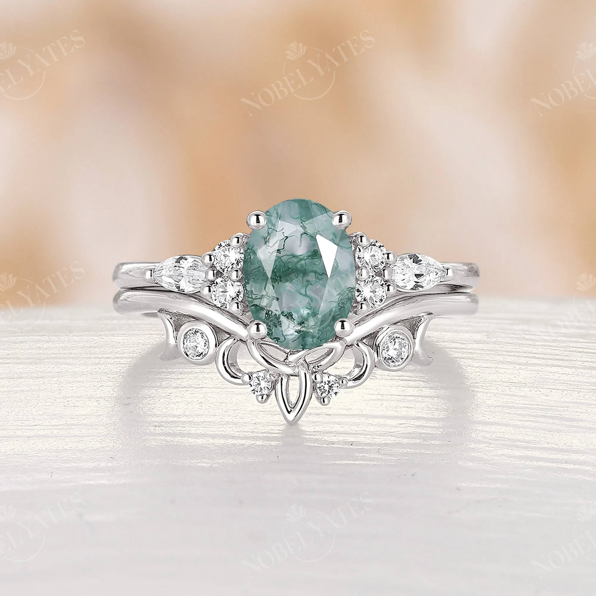 Moss Agate Celtic Oval Cluster Engagement Ring Set Rose Gold