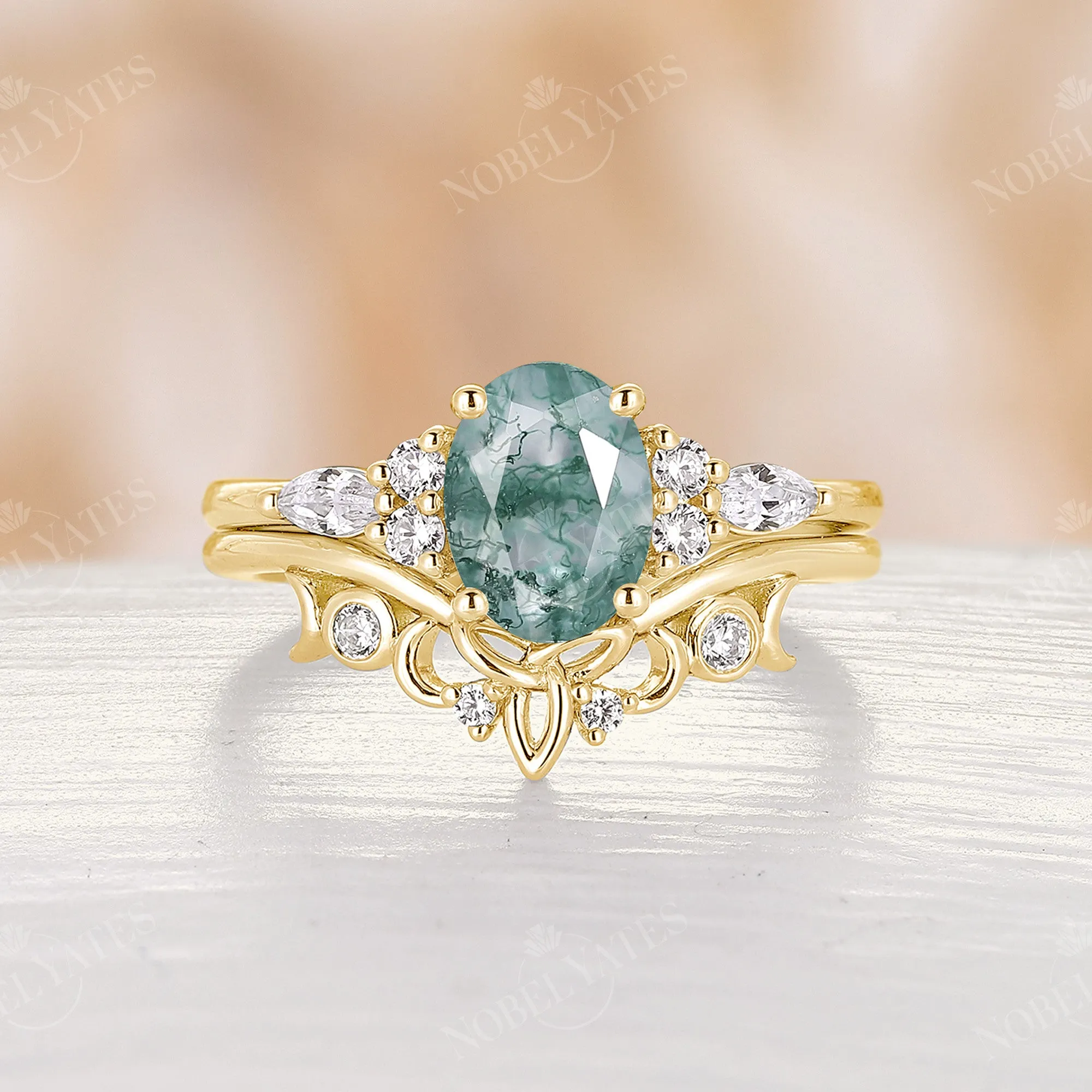 Moss Agate Celtic Oval Cluster Engagement Ring Set Rose Gold