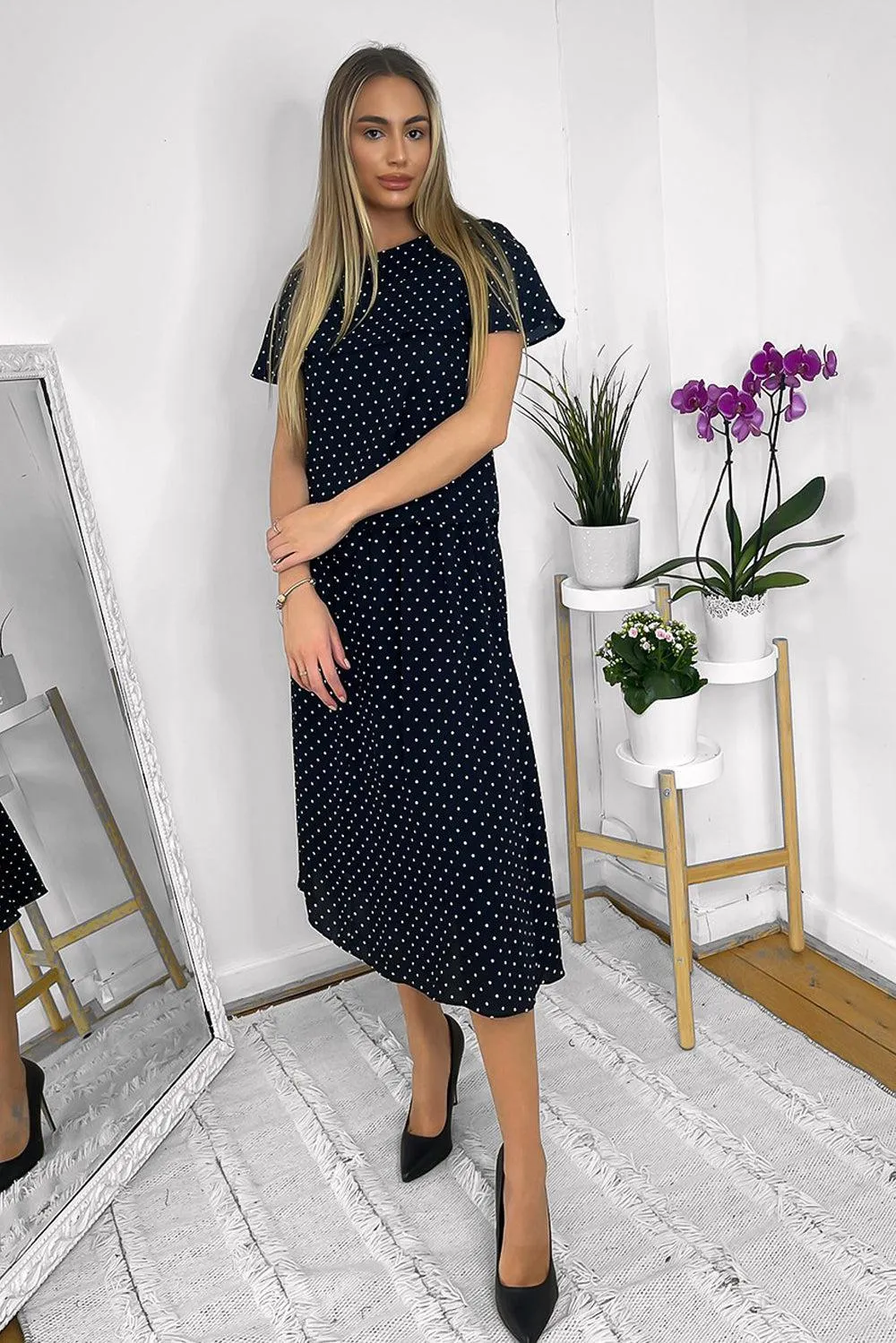 Navy Polka Dot Frilled Top And Midi Skirt Set