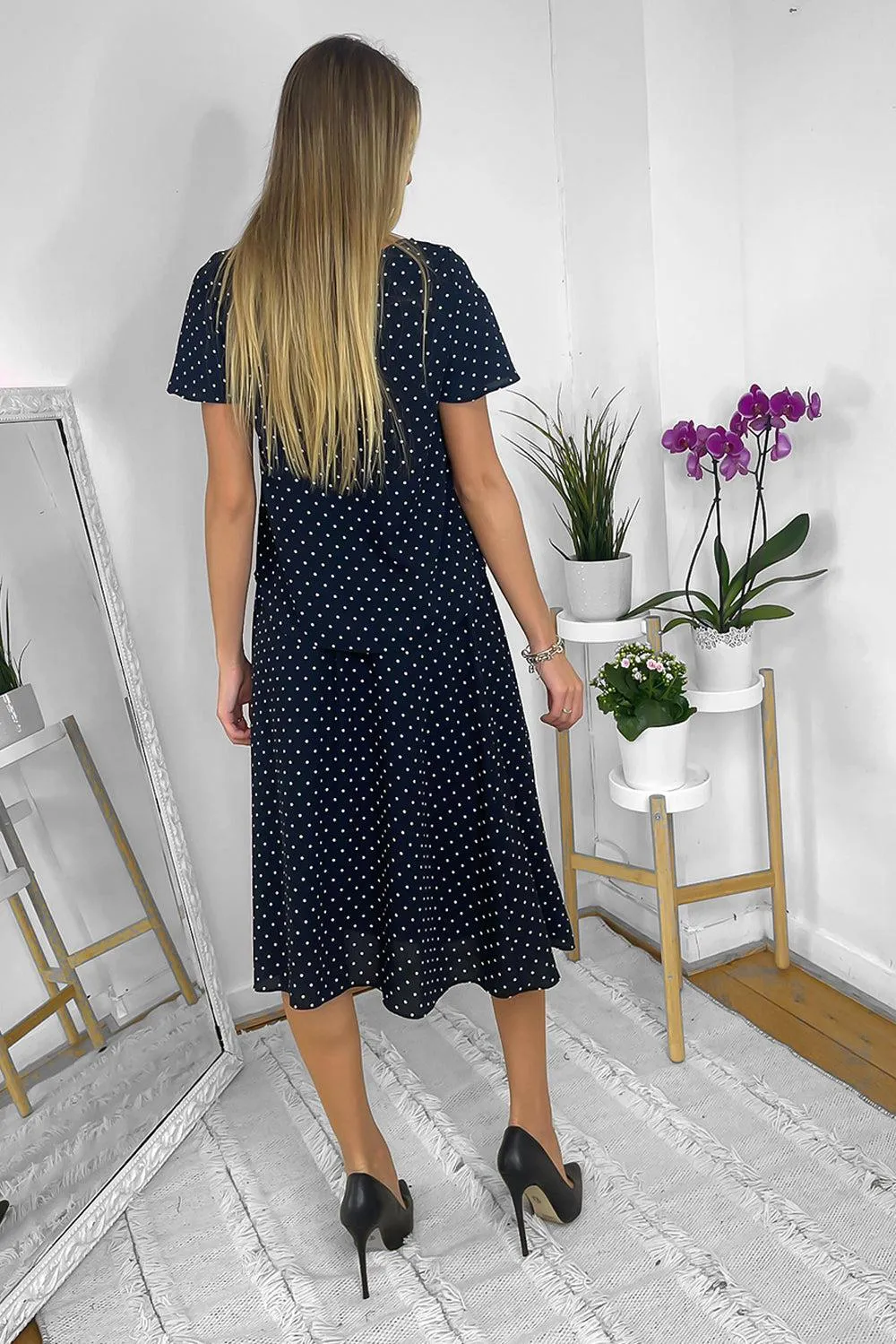 Navy Polka Dot Frilled Top And Midi Skirt Set