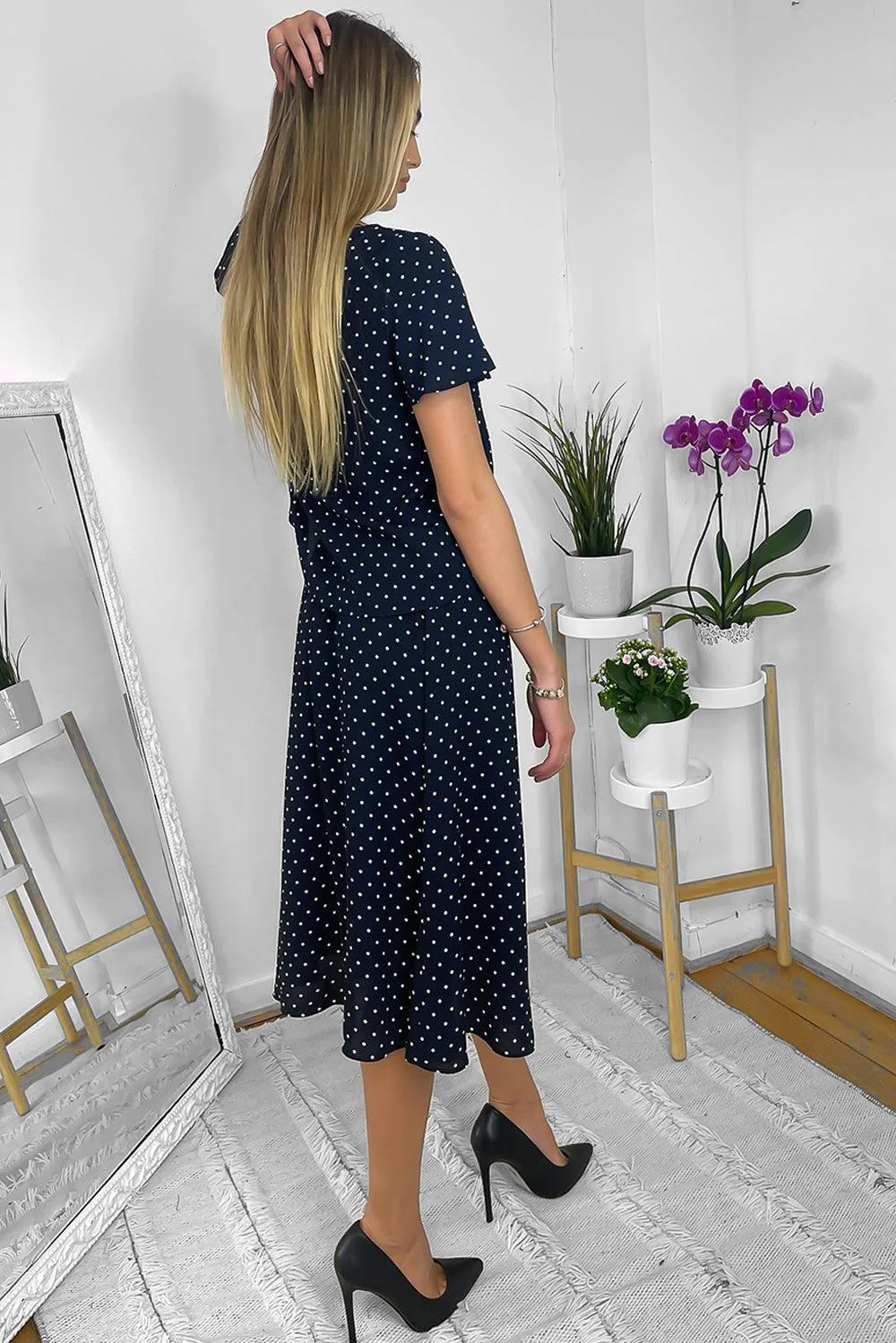 Navy Polka Dot Frilled Top And Midi Skirt Set