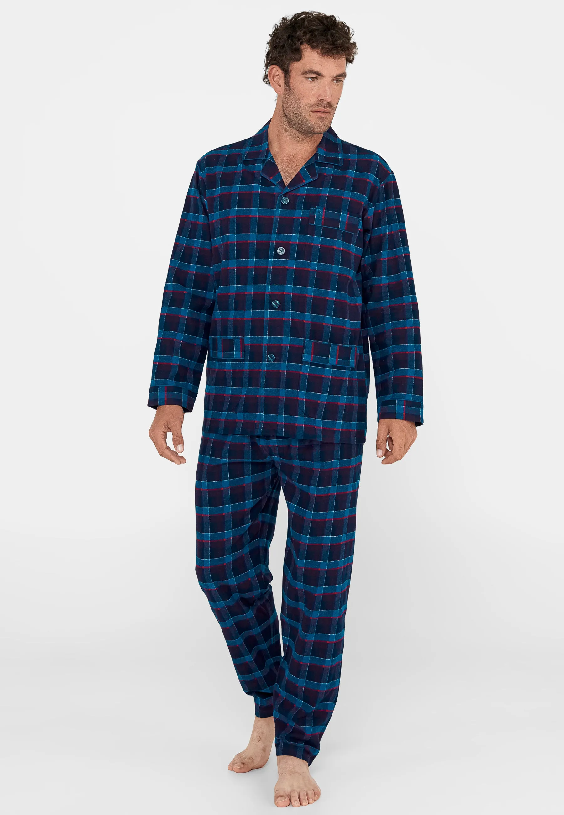 Pijama Hombre Invierno Largo Solapa Franela Cuadros - Azul 2804_33