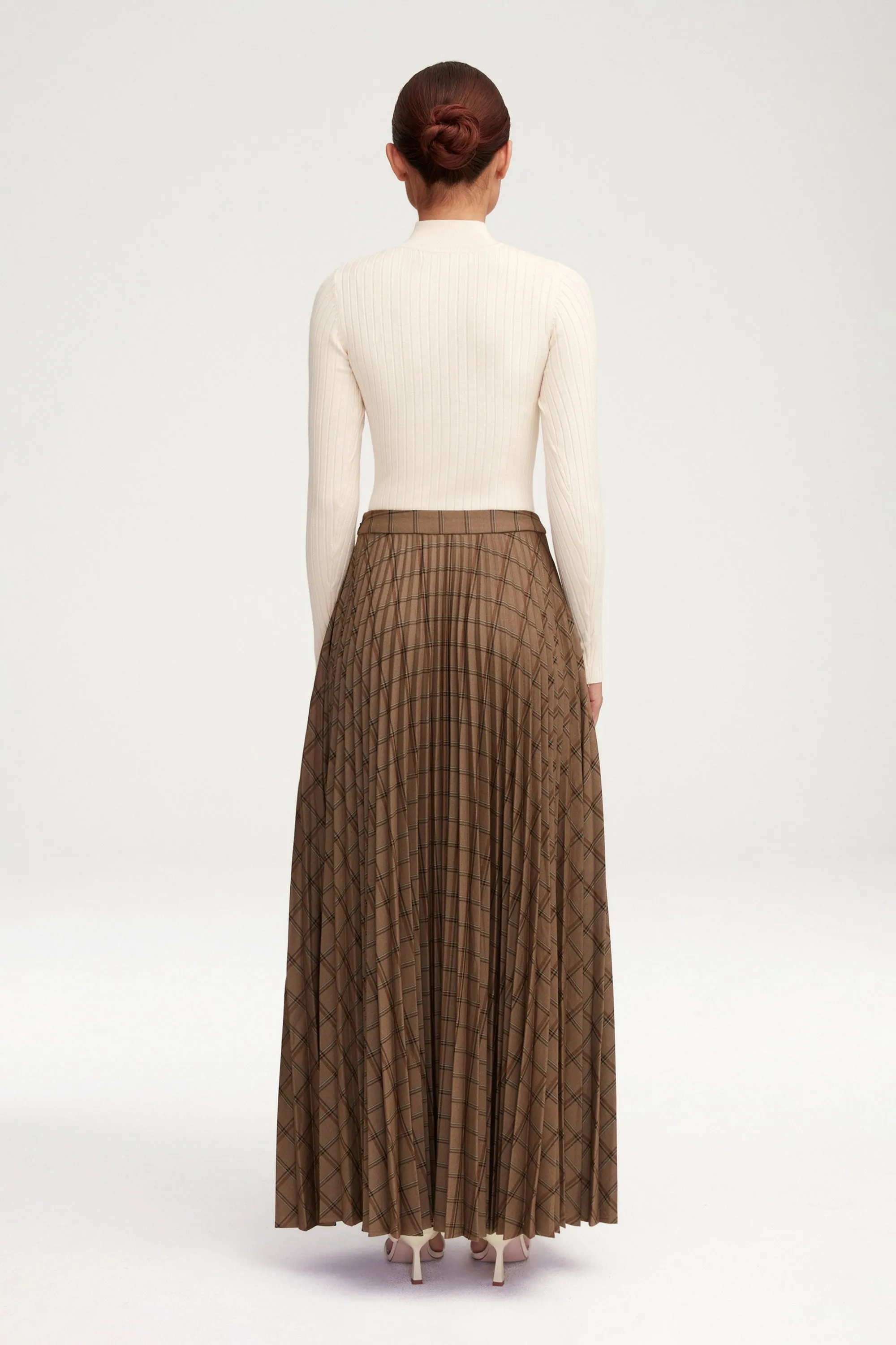 Pleated Plaid A Line Maxi Skirt - Brown