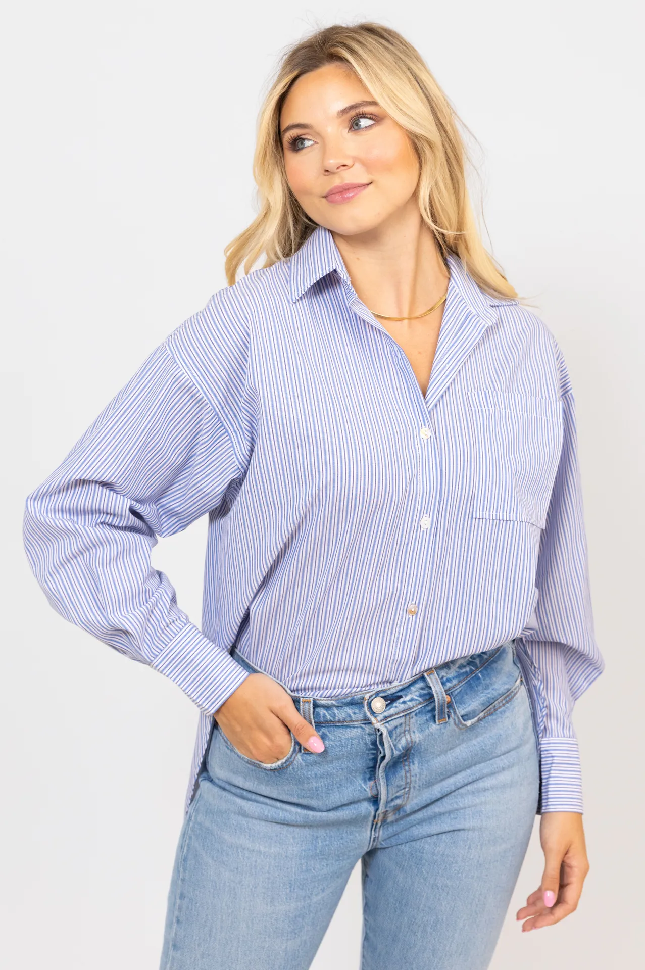 Poplin Stripe Button Up Top