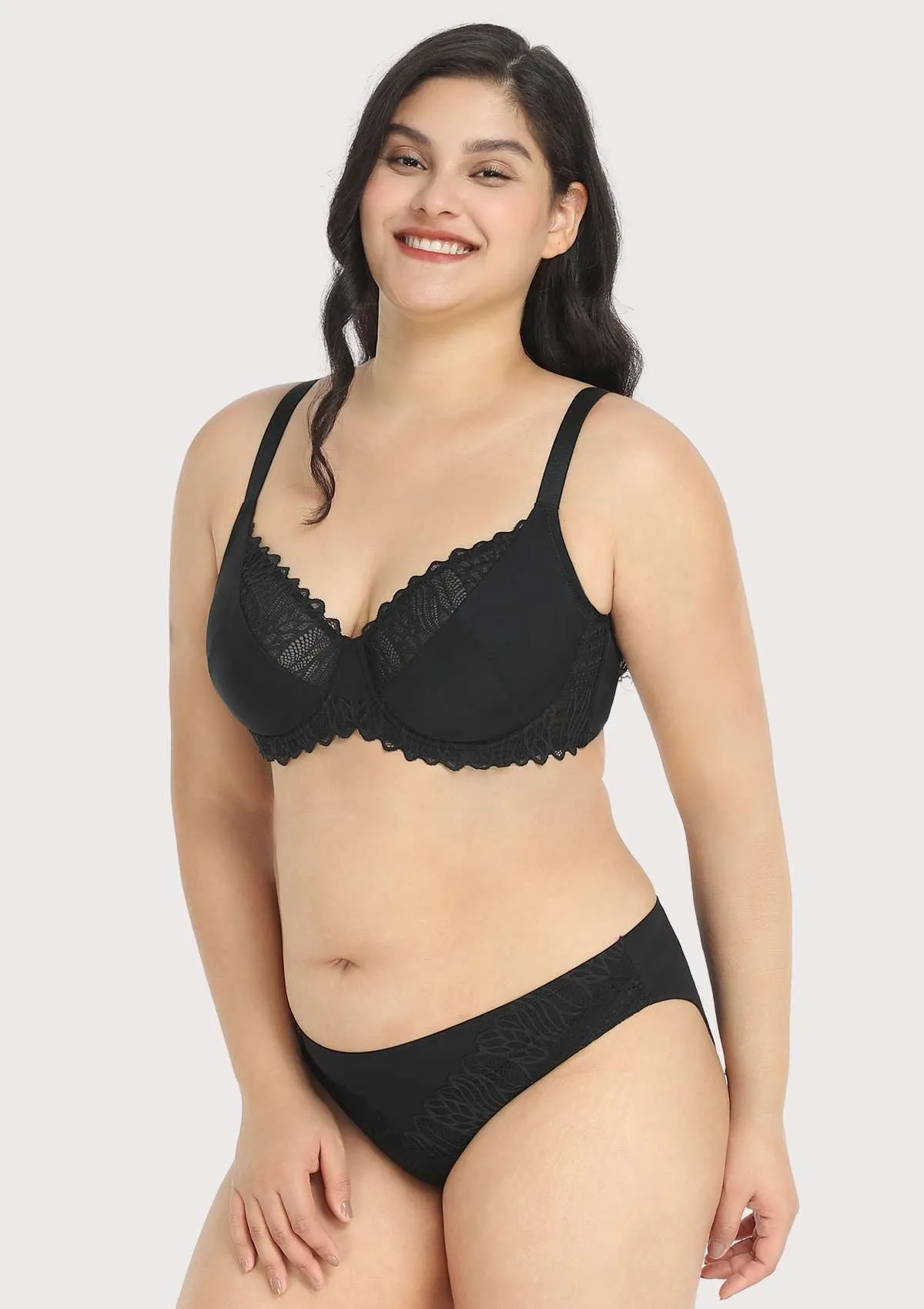 Pretty Secrets Black Lace Trim Full Coverage Underwire Bra Set