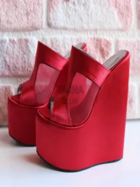 Red Satin Wedge Mules