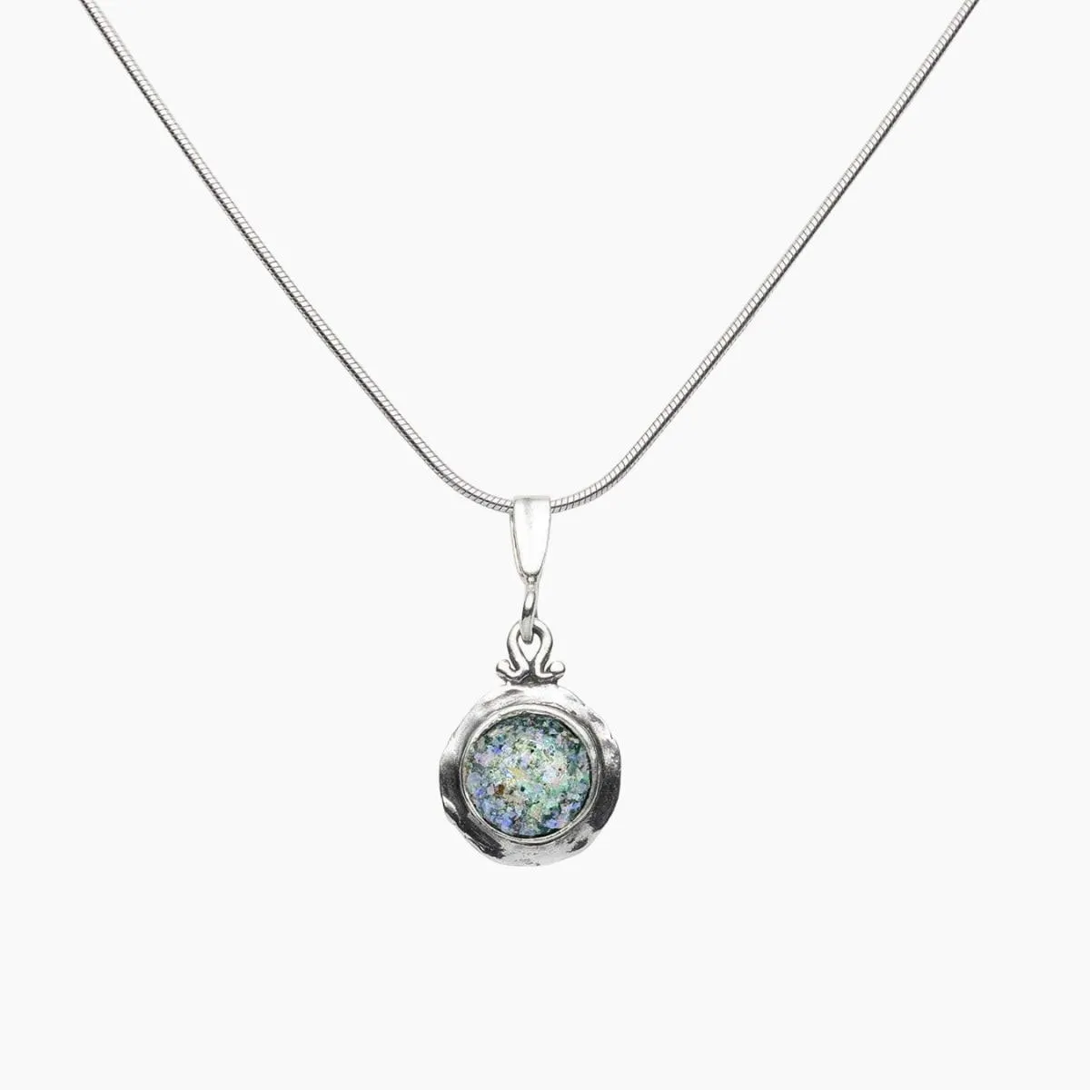 Roman Glass Small Round Pendant with Patina in Hammered Sterling Silver