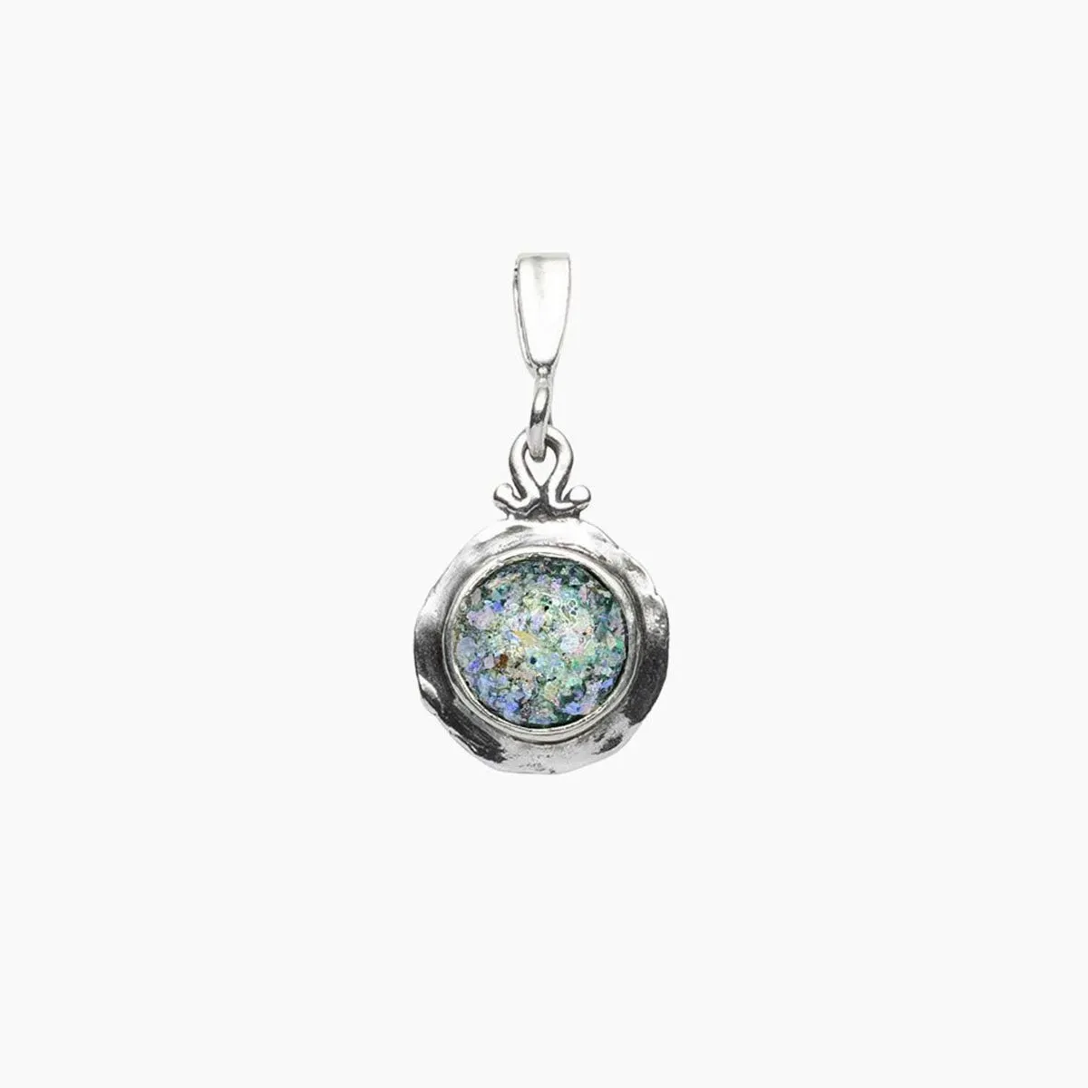 Roman Glass Small Round Pendant with Patina in Hammered Sterling Silver