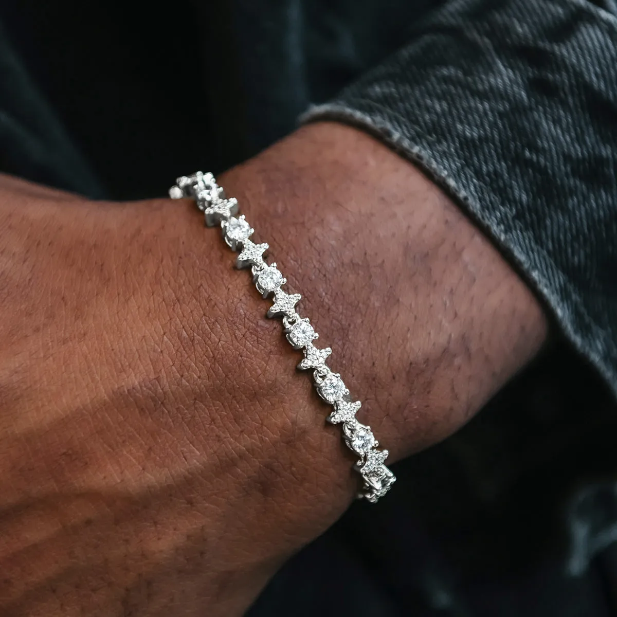 Round Stone Star Tennis Chain   Bracelet Bundle in White Gold