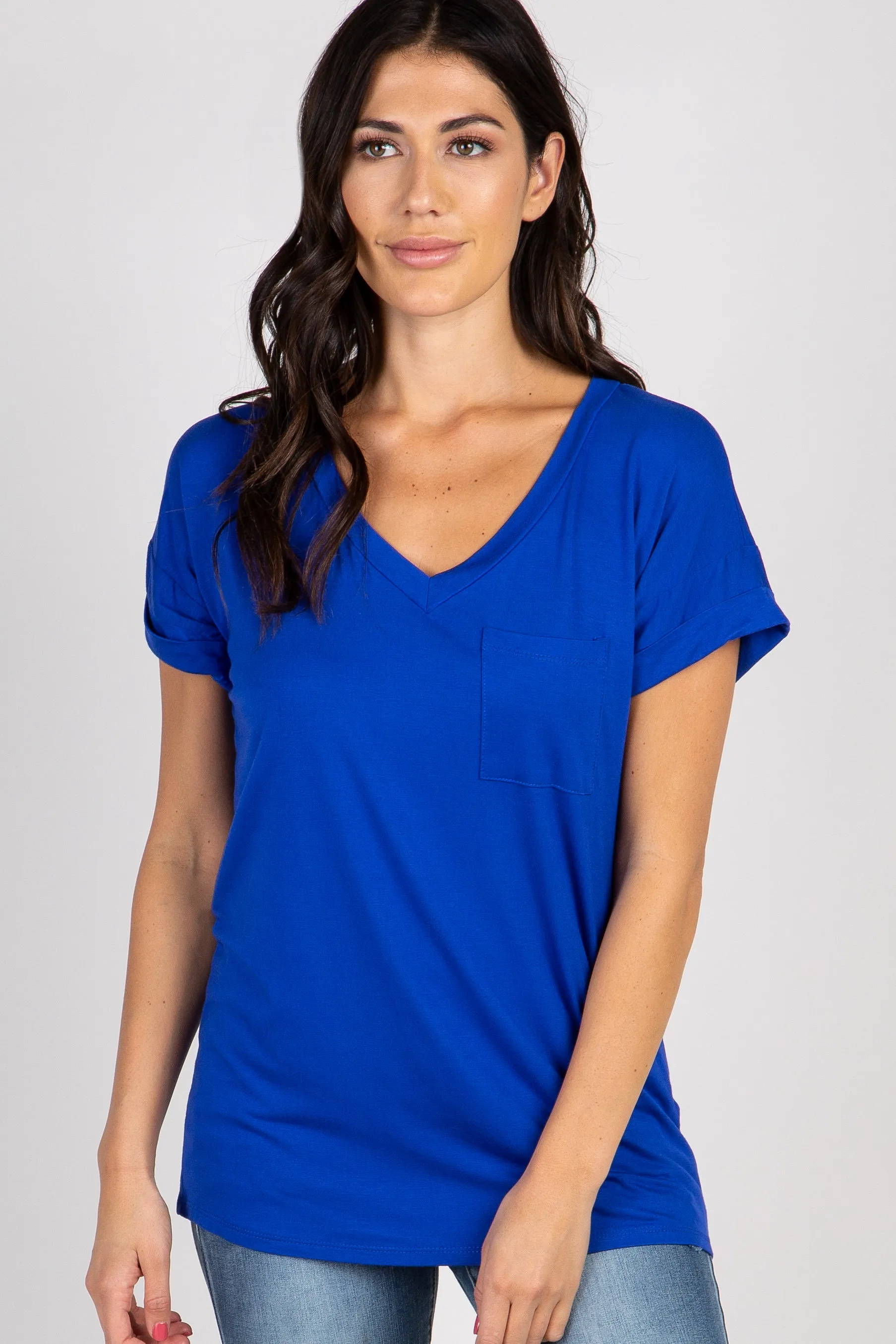 Royal Blue V-Neck Pocket Accent Top