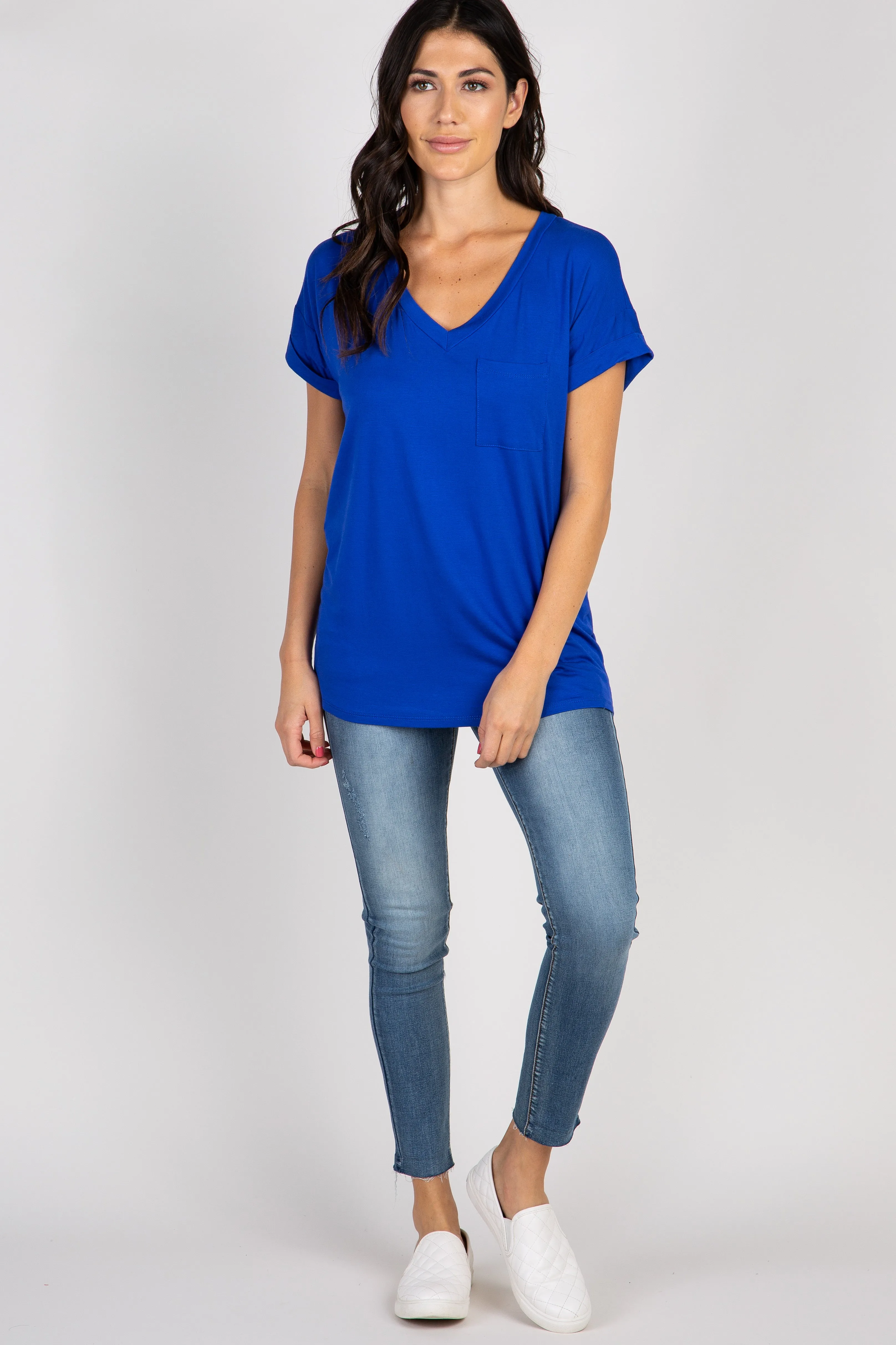 Royal Blue V-Neck Pocket Accent Top