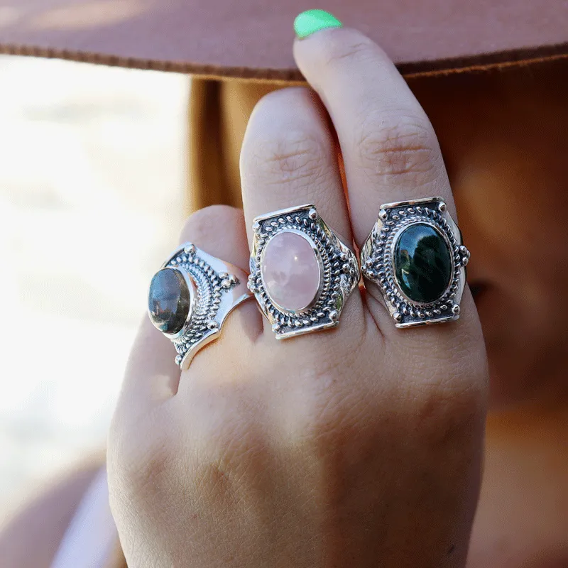 Saddle Rose Quartz Bohemian Ring