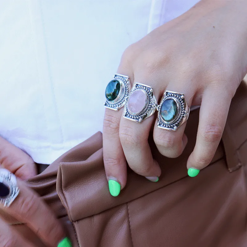 Saddle Rose Quartz Bohemian Ring