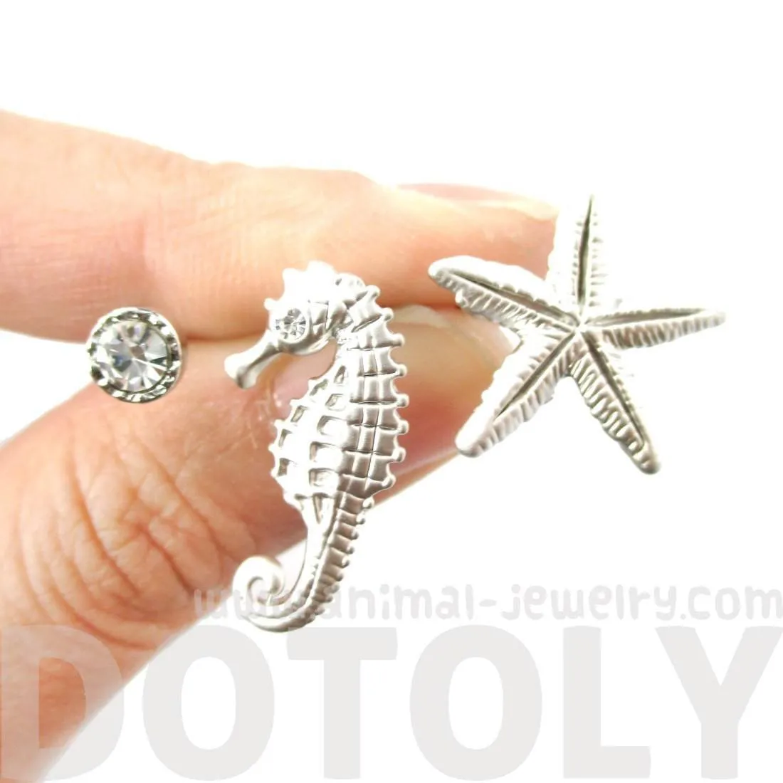 Seahorse Starfish and Rhinestone Shaped Allergy Free Stud Earrings in Silver | Animal Jewelry