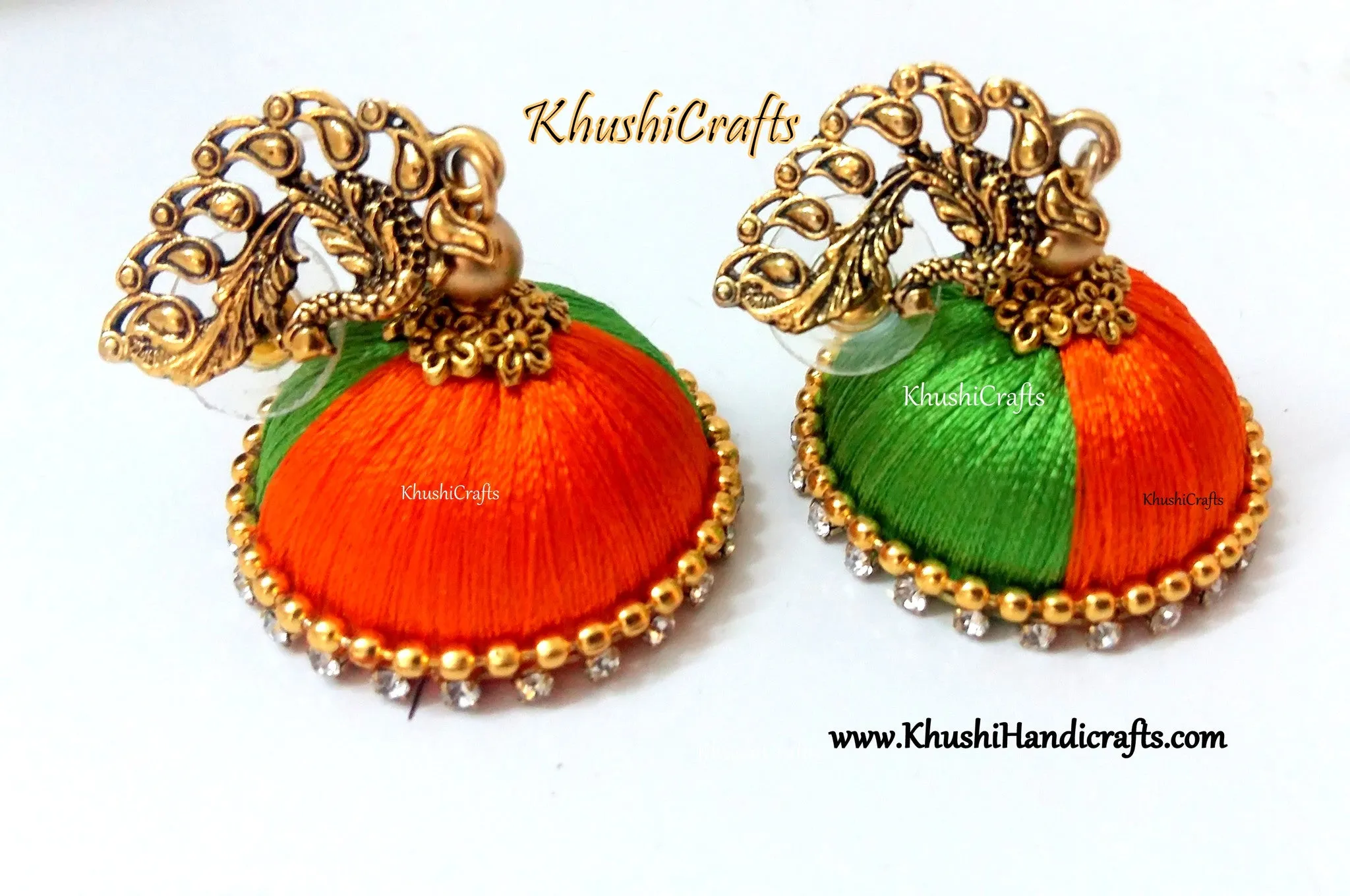 Silk Thread Necklace set in Green and Orange with Bangles.