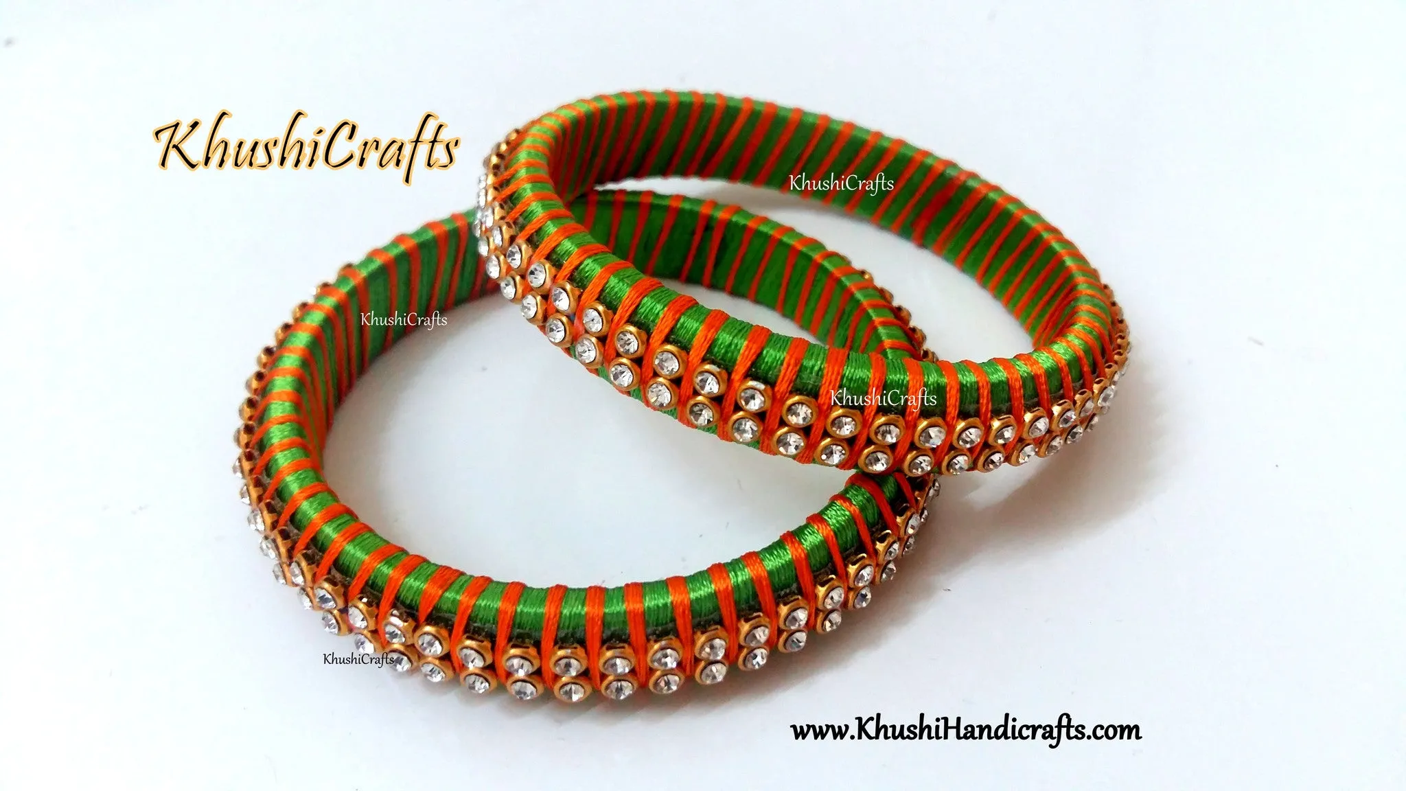 Silk Thread Necklace set in Green and Orange with Bangles.