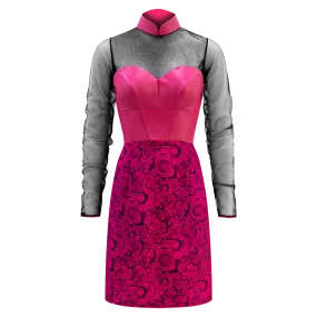 SPARKLE BY KAREN CHAN x  HK Heritage Museum【ROTARY TELEPHONE】100% Silk & Leather Black pink Cheongsam Party Dress (我愛紫紅) (電話)