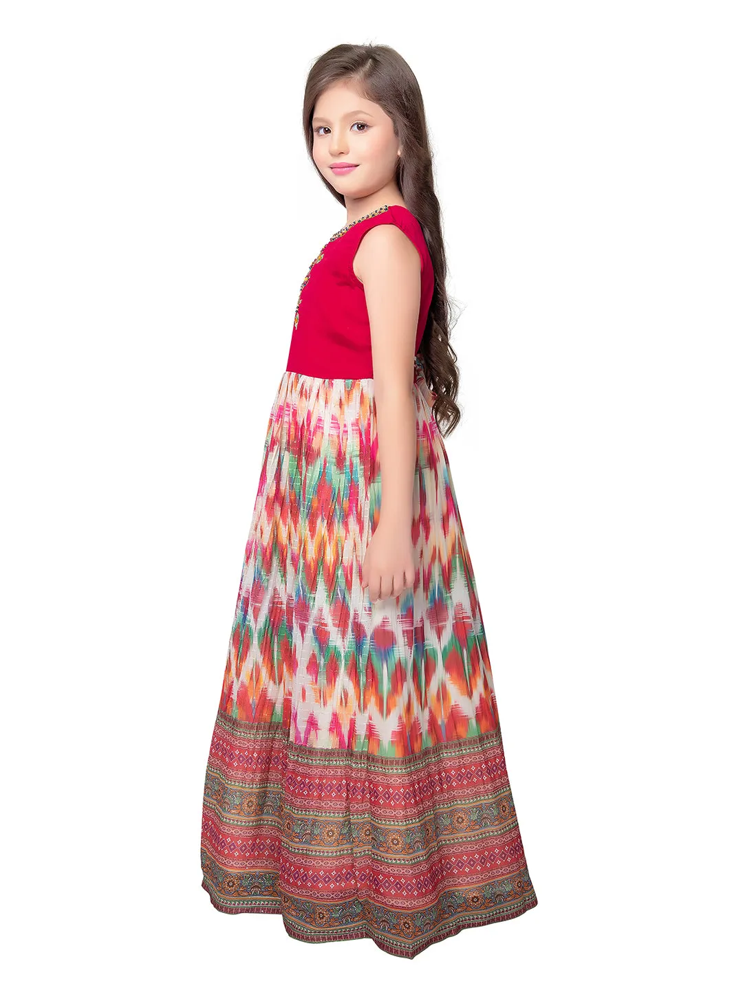 Tomato Coloured Clean Embroidery Printed Fabric Style Gown For Girls