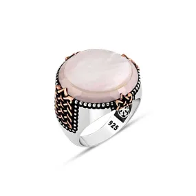 White Circle Mother of Mother of Pearl Stone and Circling White Onyx Stone Silver Man Ring Siding Web Pattern in Epaulet Shape