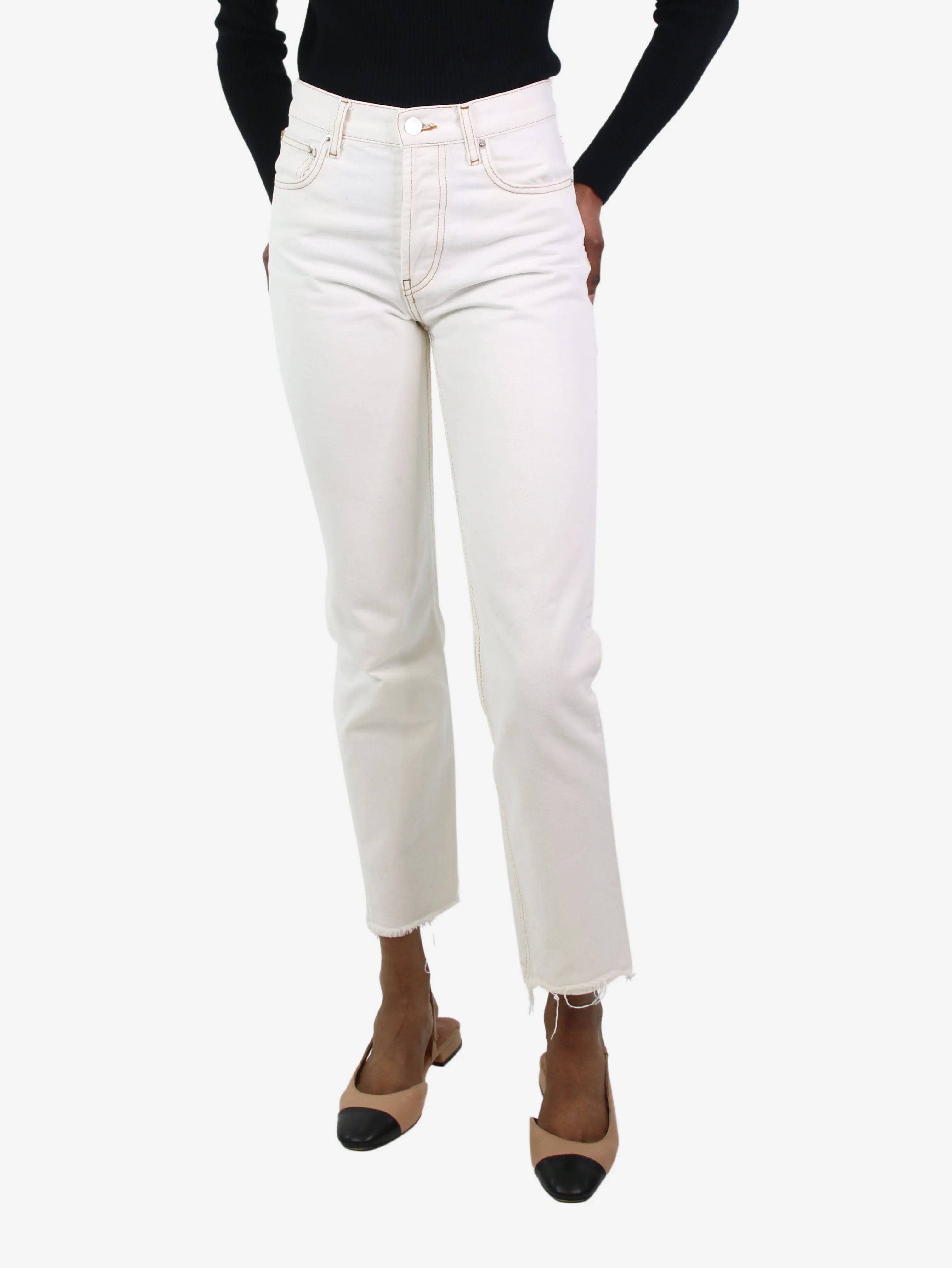 White straight-leg distressed jeans - size W25