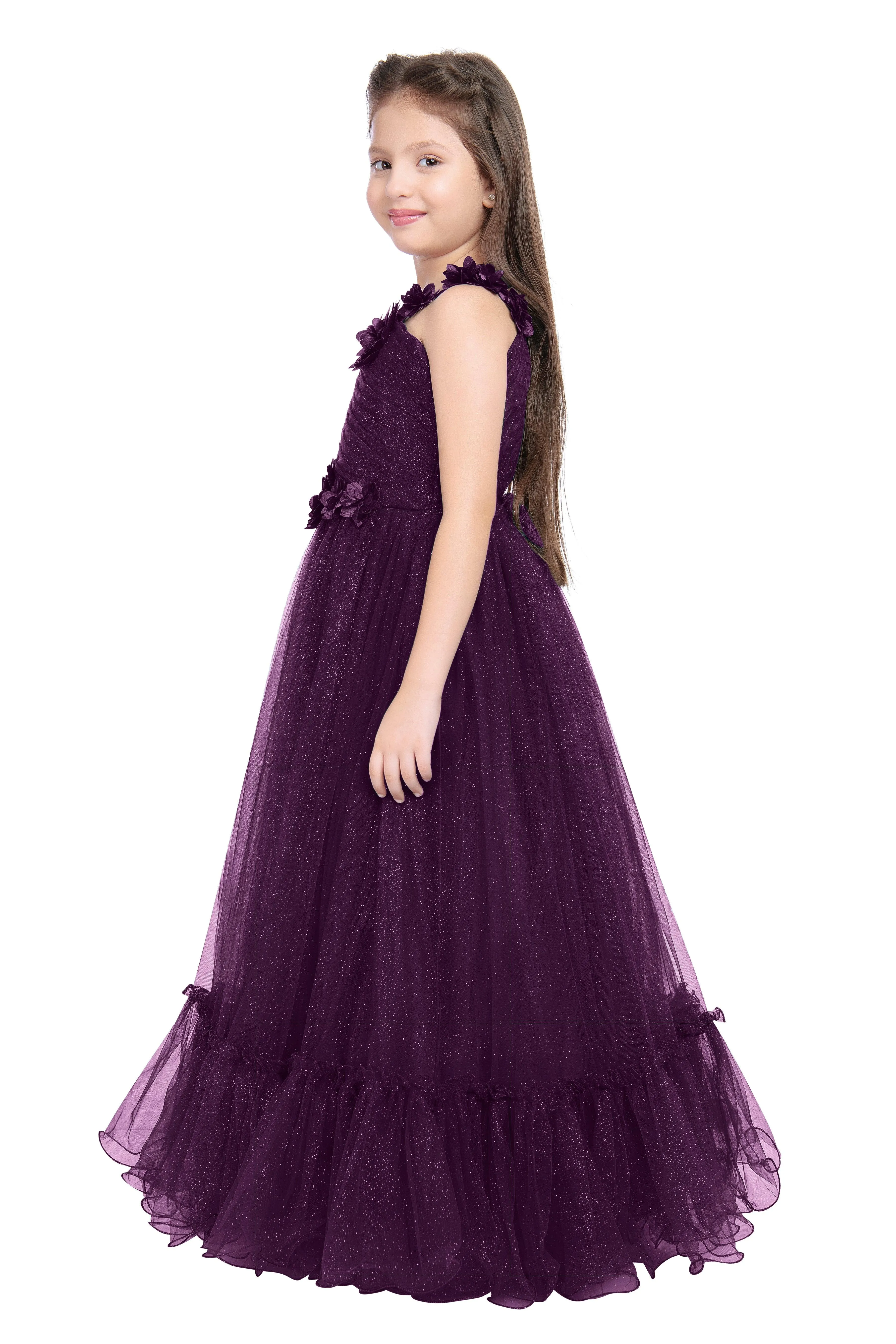 Wine Coloured Imported Net One Side Shoulder Pattern Gown For Girls