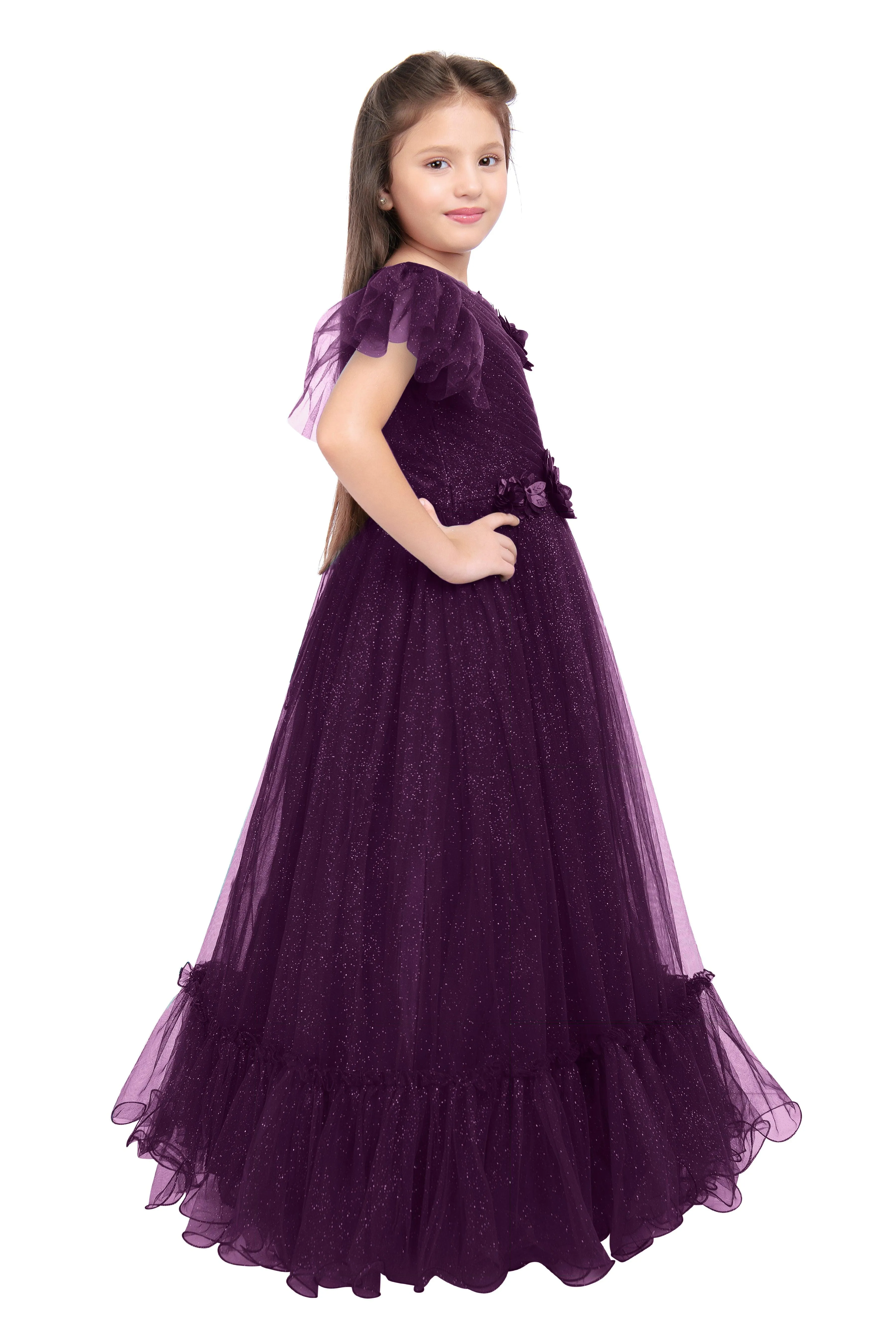 Wine Coloured Imported Net One Side Shoulder Pattern Gown For Girls