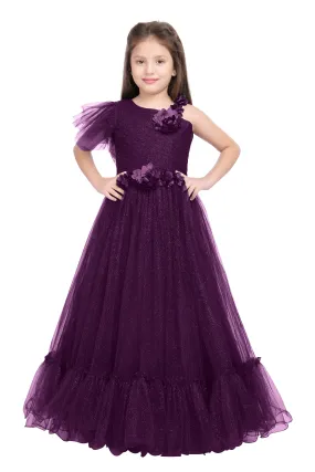 Wine Coloured Imported Net One Side Shoulder Pattern Gown For Girls